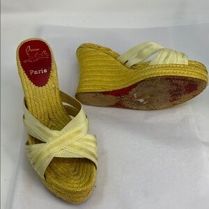 Christian Louboutin Sz 6 Yellow Ribbon Espadrille Wedges Heels Backless Sandals